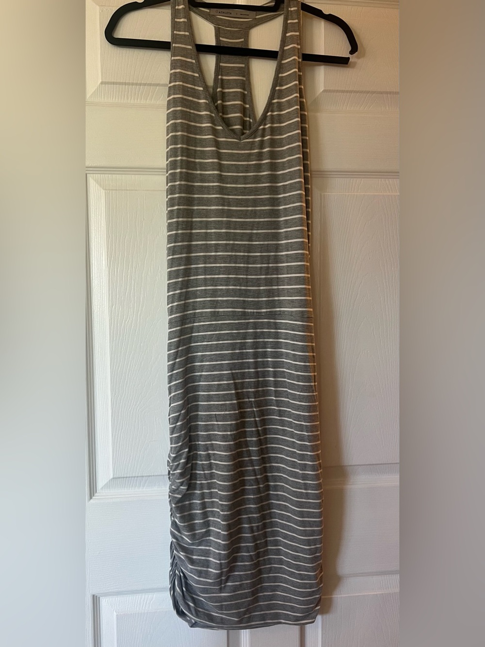Athleta Gray and White Striped Midi Dress